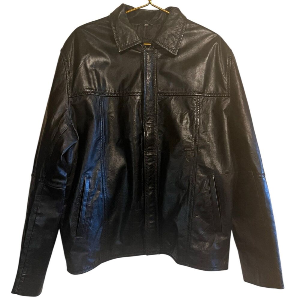 Black Leather Jacket Mens 2XL Black Hidden Zip Vintage Minimalist Streetwear 🖤